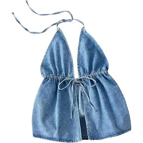 Remidoo Women's Denim Halter Top Self Tie Peplum Jean Sleeveless Crop Tank Tops in Kuwait