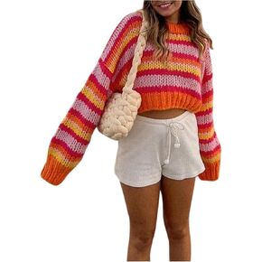 GORGLITTER Women's Striped Cropped Sweater Colorful Crew Neck Chunky Cable Knit Vintage Pullover in Kuwait