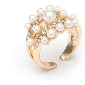 Gold Pearl Ring for Women Vintage Chunky Pearl Cluster Ring Adjustable Pearl Crystal Ring Trendy Diamond Pearl Wings Ring Statement Ring Joint Ring Elegant Clothing Jewelry for Her in Kuwait