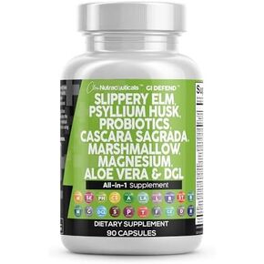 Slippery Elm 5000mg Psyllium Husk 2000mg Pre Probiotic Digestive Gut Health Supplement with Aloe Vera Cascara Sagrada 2000mg Marshmallow Root DGL Licorice Senna Extract Magnesium - Made in USA 90 Ct in Kuwait
