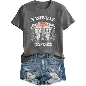 المرأة روك باند تي شيرت خمر موسيقى الريف قمصان ناشفيل الموسيقى مدينة التي شيرت الغيتار النسر أجنحة الجرافيك المحملة القمم in Kuwait