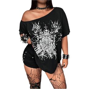 تي شيرت نسائي مقاس كبير على شكل جمجمة قبالة الكتف تي شيرت كبير الحجم من الجرونج بانك قميص قوطي بأكمام قصيرة للخروج in Kuwait