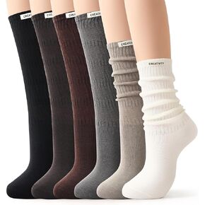 Jeasona Slouch Scrunch Socks for Women, 6 Pairs Crew Cotton Knit Scrunch Slouch Socks, 80s Style Boot Socks for Women Teen Girls, Soft Athletic Gym Calf Socks Earth Tone Gifts in Kuwait