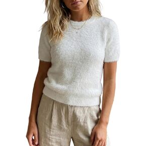 سترة نسائية Y2K فروي مقصوصة بأكمام قصيرة وفتحة رقبة مستديرة منفوش سترة علوية ناعمة ومريحة بلوفر منسوج ملابس الشارع in Kuwait