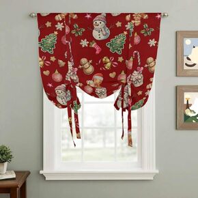 Red Christmas Tie Up Curtains for Window, Xmas Tree Balls Snowman Gingerbread Thermal Insulated Balloon Shade Adjustable Rod Pocket Curtains Valance Panels for Kitchen Bathroom Café 42'' x 54'' in Saudi Arabia