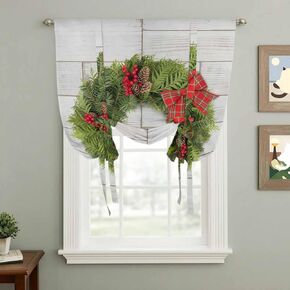 Christmas Tie Up Curtains for Window, Winter Xmas Pine Cones Needles Bow Wooden Grain Thermal Balloon Shade Adjustable Rod Pocket Curtains Valance Panels for Kitchen Bathroom Café 34'' x 45'' in Kuwait