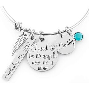 سوار تذكاري - "لقد كنت ملاكه، والآن هو ملكي" - مجوهرات تعاطف شخصية مع جناح ملاك، قرص الاسم، شريط التاريخ وحجر الميلاد - هدية حزن لفقد الأب، الزوج، الطفل in Kuwait