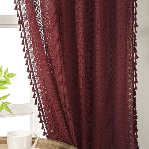 Burgundy Sheer Curtains 84 Inches Long 2 Panel Cotton Blend Crochet Lace Curtain Tassel Rod Pocket Semi Sheer Light Filtering Boho Curtains for Bedroom Living Room Window Drapes Maroon Red in Kuwait