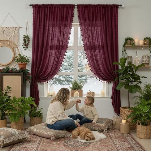 Burgundy Sheer Curtains 84 Inches Long 2 Panel Cotton Blend Crochet Lace Curtain Tassel Rod Pocket Semi Sheer Light Filtering Boho Curtains for Bedroom Living Room Window Drapes Maroon Red in Kuwait