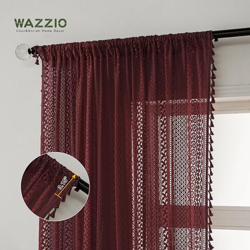 Burgundy Sheer Curtains 84 Inches Long 2 Panel Cotton Blend Crochet Lace Curtain Tassel Rod Pocket Semi Sheer Light Filtering Boho Curtains for Bedroom Living Room Window Drapes Maroon Red in Kuwait