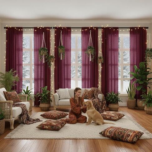 Burgundy Sheer Curtains 84 Inches Long 2 Panel Cotton Blend Crochet Lace Curtain Tassel Rod Pocket Semi Sheer Light Filtering Boho Curtains for Bedroom Living Room Window Drapes Maroon Red in Kuwait