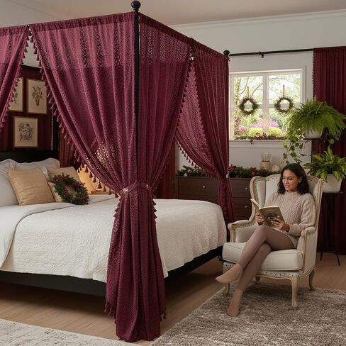 Burgundy Sheer Curtains 84 Inches Long 2 Panel Cotton Blend Crochet Lace Curtain Tassel Rod Pocket Semi Sheer Light Filtering Boho Curtains for Bedroom Living Room Window Drapes Maroon Red in Kuwait