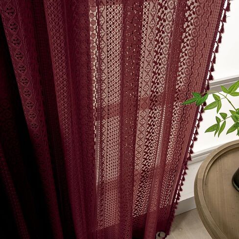 Burgundy Sheer Curtains 84 Inches Long 2 Panel Cotton Blend Crochet Lace Curtain Tassel Rod Pocket Semi Sheer Light Filtering Boho Curtains for Bedroom Living Room Window Drapes Maroon Red in Kuwait