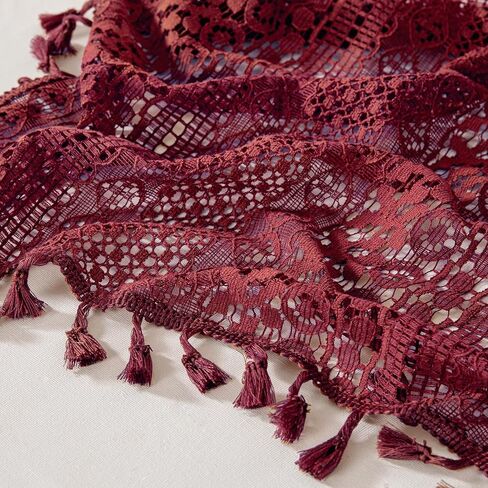 Burgundy Sheer Curtains 84 Inches Long 2 Panel Cotton Blend Crochet Lace Curtain Tassel Rod Pocket Semi Sheer Light Filtering Boho Curtains for Bedroom Living Room Window Drapes Maroon Red in Kuwait