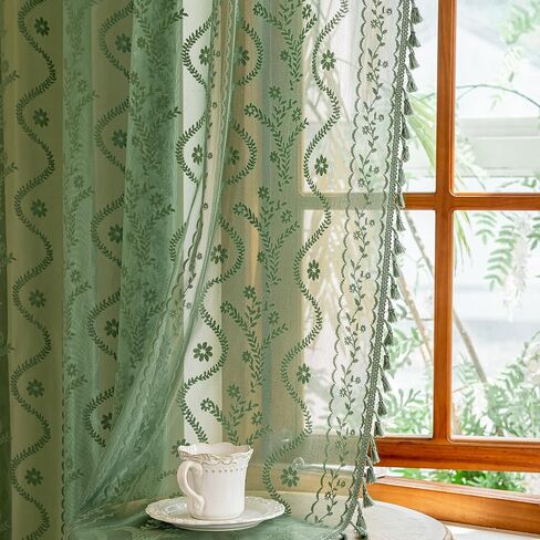 Dark Green Lace Curtains 63 Inch 2 Panel- Victorian Sheer Drapes with Floral Pattern Cute Tassel, Rod Pocket Non See Through Semi-Sheer Privacy for Bedroom,Living Room (Set of 2, W52 xL63) in Kuwait