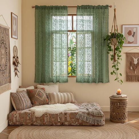 Dark Green Lace Curtains 63 Inch 2 Panel- Victorian Sheer Drapes with Floral Pattern Cute Tassel, Rod Pocket Non See Through Semi-Sheer Privacy for Bedroom,Living Room (Set of 2, W52 xL63) in Kuwait