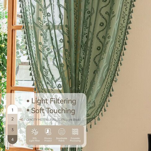 Dark Green Lace Curtains 63 Inch 2 Panel- Victorian Sheer Drapes with Floral Pattern Cute Tassel, Rod Pocket Non See Through Semi-Sheer Privacy for Bedroom,Living Room (Set of 2, W52 xL63) in Kuwait