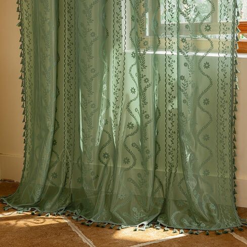 Dark Green Lace Curtains 63 Inch 2 Panel- Victorian Sheer Drapes with Floral Pattern Cute Tassel, Rod Pocket Non See Through Semi-Sheer Privacy for Bedroom,Living Room (Set of 2, W52 xL63) in Kuwait