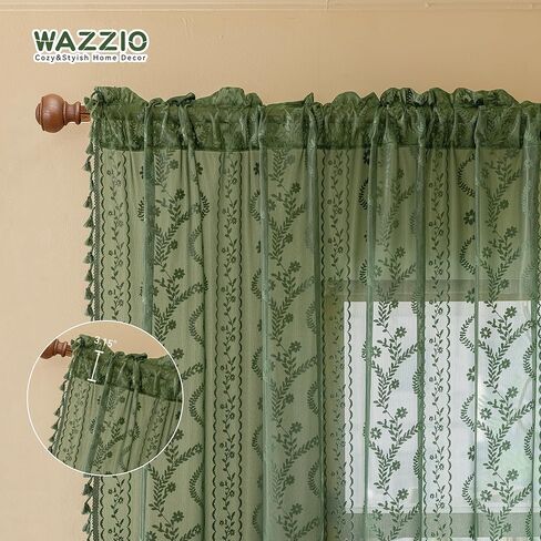 Dark Green Lace Curtains 63 Inch 2 Panel- Victorian Sheer Drapes with Floral Pattern Cute Tassel, Rod Pocket Non See Through Semi-Sheer Privacy for Bedroom,Living Room (Set of 2, W52 xL63) in Kuwait
