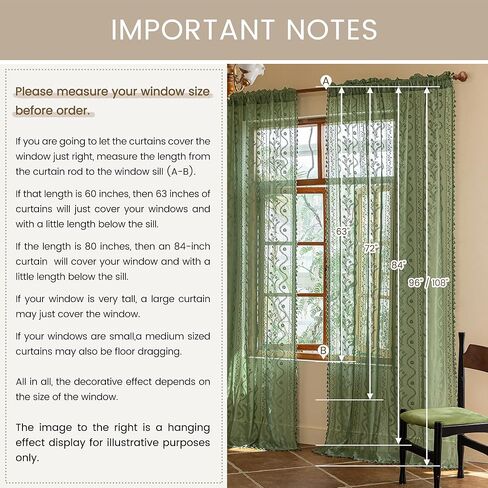 Dark Green Lace Curtains 63 Inch 2 Panel- Victorian Sheer Drapes with Floral Pattern Cute Tassel, Rod Pocket Non See Through Semi-Sheer Privacy for Bedroom,Living Room (Set of 2, W52 xL63) in Kuwait