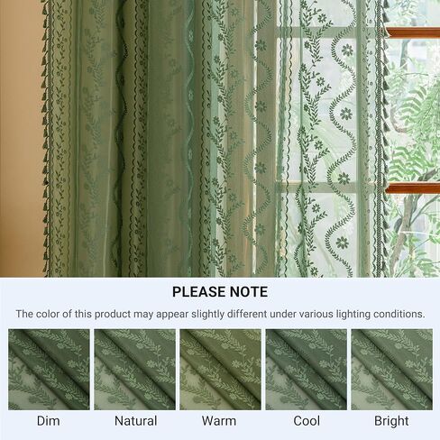 Dark Green Lace Curtains 63 Inch 2 Panel- Victorian Sheer Drapes with Floral Pattern Cute Tassel, Rod Pocket Non See Through Semi-Sheer Privacy for Bedroom,Living Room (Set of 2, W52 xL63) in Kuwait