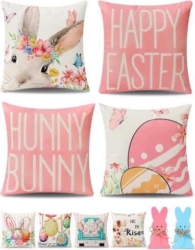 8-Sided Easter Pillow Covers Set of 4 with 2 Wooden Bunny Decorations, 18 x 18 Inch Reversible Decor with Bunny, Floral Eggs & “He is Risen" Prints for Indoor/Outdoor, Spring Holiday Decor in Kuwait
