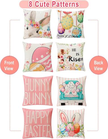 8-Sided Easter Pillow Covers Set of 4 with 2 Wooden Bunny Decorations, 18 x 18 Inch Reversible Decor with Bunny, Floral Eggs & “He is Risen" Prints for Indoor/Outdoor, Spring Holiday Decor in Kuwait