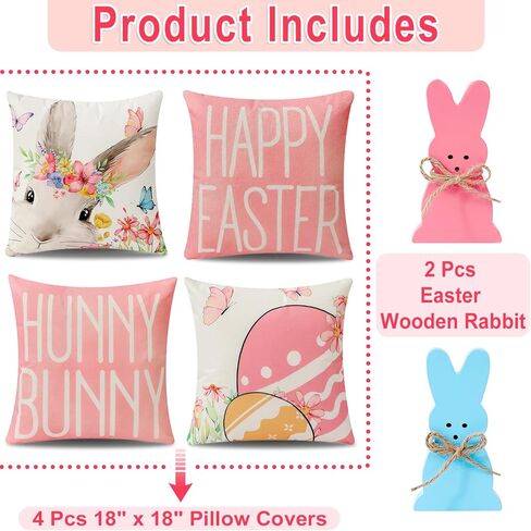 8-Sided Easter Pillow Covers Set of 4 with 2 Wooden Bunny Decorations, 18 x 18 Inch Reversible Decor with Bunny, Floral Eggs & “He is Risen" Prints for Indoor/Outdoor, Spring Holiday Decor in Kuwait