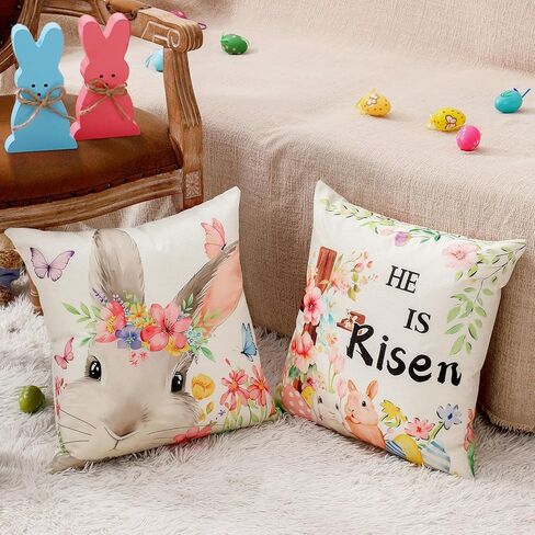 8-Sided Easter Pillow Covers Set of 4 with 2 Wooden Bunny Decorations, 18 x 18 Inch Reversible Decor with Bunny, Floral Eggs & “He is Risen" Prints for Indoor/Outdoor, Spring Holiday Decor in Kuwait