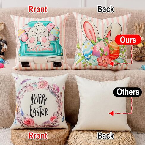 8-Sided Easter Pillow Covers Set of 4 with 2 Wooden Bunny Decorations, 18 x 18 Inch Reversible Decor with Bunny, Floral Eggs & “He is Risen" Prints for Indoor/Outdoor, Spring Holiday Decor in Kuwait
