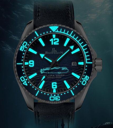Mens Automatic Watch, Luminous Submarine & Wave Dial, Japanese Movement Miyota 8215-42mm Stainless Steel Case, Ceramic Bezel, Calfskin Strap & Bracelet- Christmas Gift for Men in Saudi Arabia