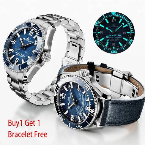 Mens Automatic Watch, Luminous Submarine & Wave Dial, Japanese Movement Miyota 8215-42mm Stainless Steel Case, Ceramic Bezel, Calfskin Strap & Bracelet- Christmas Gift for Men in Saudi Arabia