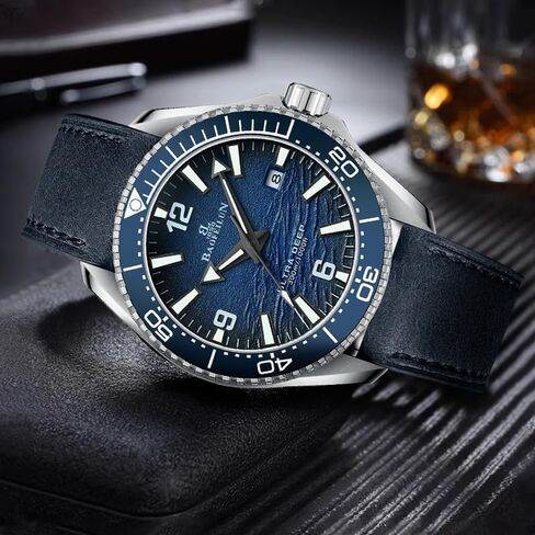Mens Automatic Watch, Luminous Submarine & Wave Dial, Japanese Movement Miyota 8215-42mm Stainless Steel Case, Ceramic Bezel, Calfskin Strap & Bracelet- Christmas Gift for Men in Saudi Arabia