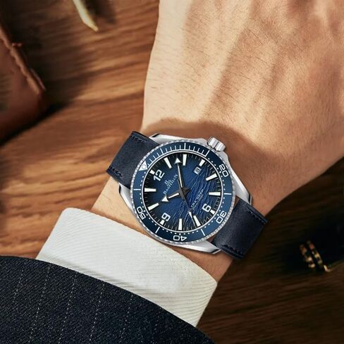Mens Automatic Watch, Luminous Submarine & Wave Dial, Japanese Movement Miyota 8215-42mm Stainless Steel Case, Ceramic Bezel, Calfskin Strap & Bracelet- Christmas Gift for Men in Saudi Arabia