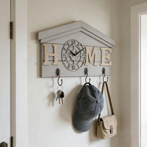 ساعة حائط تعمل بالبطارية في المزرعة مع خطافات منظم مدخل خشبي ريفي مع 3 خطافات معدنية شماعة مفاتيح وحروف منزلية ساعة كوارتز صامتة حامل مفاتيح ديكور حائط لمدخل المطبخ وغرفة المعيشة in Kuwait