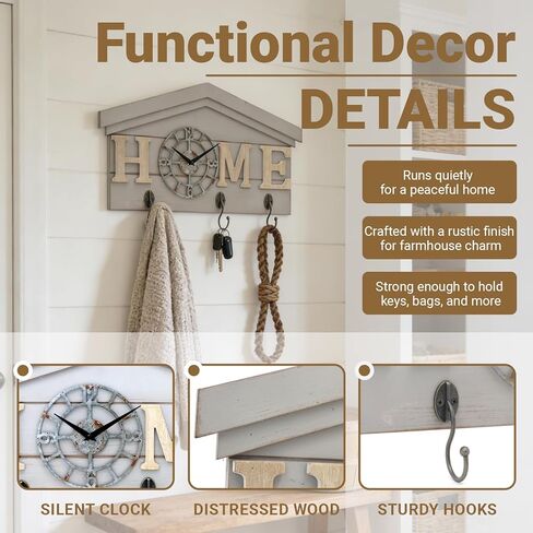 ساعة حائط تعمل بالبطارية في المزرعة مع خطافات منظم مدخل خشبي ريفي مع 3 خطافات معدنية شماعة مفاتيح وحروف منزلية ساعة كوارتز صامتة حامل مفاتيح ديكور حائط لمدخل المطبخ وغرفة المعيشة in Kuwait