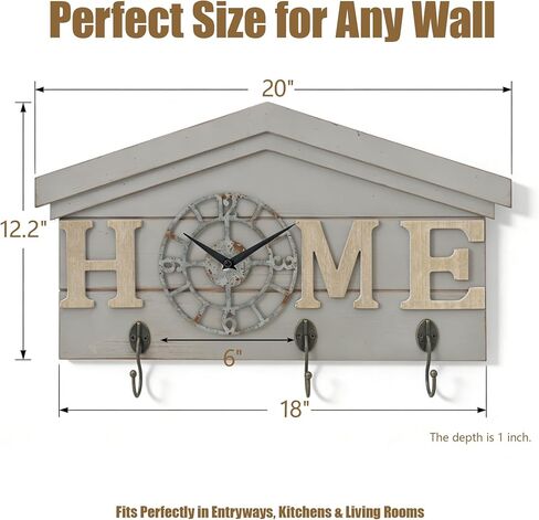 ساعة حائط تعمل بالبطارية في المزرعة مع خطافات منظم مدخل خشبي ريفي مع 3 خطافات معدنية شماعة مفاتيح وحروف منزلية ساعة كوارتز صامتة حامل مفاتيح ديكور حائط لمدخل المطبخ وغرفة المعيشة in Kuwait