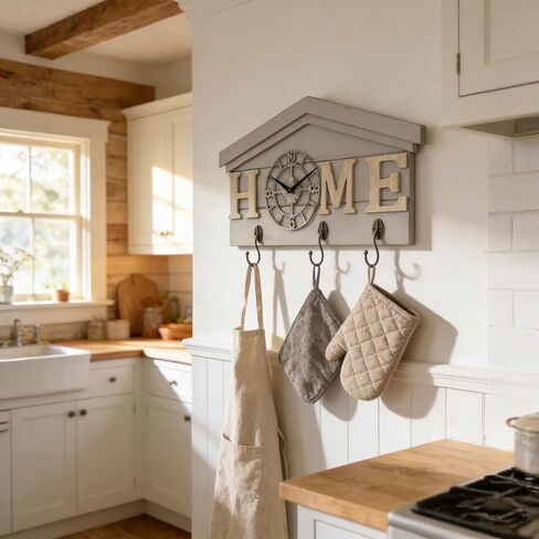 ساعة حائط تعمل بالبطارية في المزرعة مع خطافات منظم مدخل خشبي ريفي مع 3 خطافات معدنية شماعة مفاتيح وحروف منزلية ساعة كوارتز صامتة حامل مفاتيح ديكور حائط لمدخل المطبخ وغرفة المعيشة in Kuwait