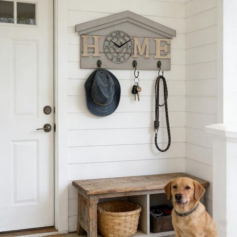 ساعة حائط تعمل بالبطارية في المزرعة مع خطافات منظم مدخل خشبي ريفي مع 3 خطافات معدنية شماعة مفاتيح وحروف منزلية ساعة كوارتز صامتة حامل مفاتيح ديكور حائط لمدخل المطبخ وغرفة المعيشة in Kuwait