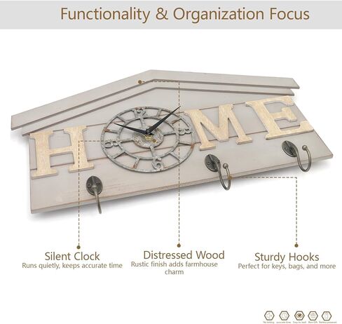 ساعة حائط تعمل بالبطارية في المزرعة مع خطافات منظم مدخل خشبي ريفي مع 3 خطافات معدنية شماعة مفاتيح وحروف منزلية ساعة كوارتز صامتة حامل مفاتيح ديكور حائط لمدخل المطبخ وغرفة المعيشة in Kuwait