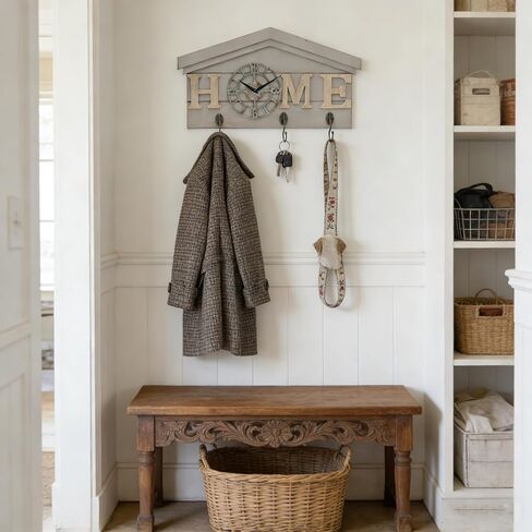 ساعة حائط تعمل بالبطارية في المزرعة مع خطافات منظم مدخل خشبي ريفي مع 3 خطافات معدنية شماعة مفاتيح وحروف منزلية ساعة كوارتز صامتة حامل مفاتيح ديكور حائط لمدخل المطبخ وغرفة المعيشة in Kuwait