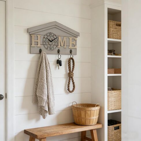 ساعة حائط تعمل بالبطارية في المزرعة مع خطافات منظم مدخل خشبي ريفي مع 3 خطافات معدنية شماعة مفاتيح وحروف منزلية ساعة كوارتز صامتة حامل مفاتيح ديكور حائط لمدخل المطبخ وغرفة المعيشة in Kuwait