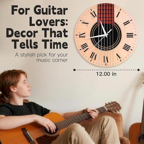 Music Guitar Wall Clock – 12 Inch Artistic Silent Wooden Clock with Battery Operated, Music Themed Decoration for Living Rooms and Rooms, Gift Loved by Musicians & Guitar Enthusiasts in Saudi Arabia