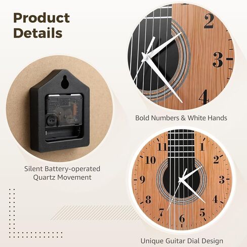 12 Inch Guitar Wall Clock, Silent Non Ticking Quartz Sweep, Clear Acrylic Music Room Decor, Easy Read Large Numbers, Battery Operated Wall Clock for Bedroom Office Studio Bar, Gift for Guitar Lovers in Kuwait