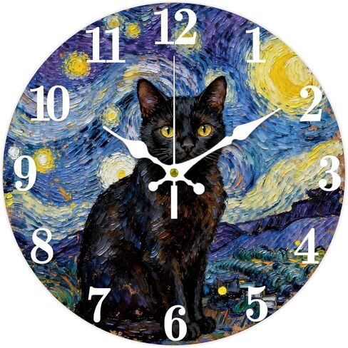 12inch Starry Night Wall Clock Black Cat Pattern Battery Operated Round Clocks Silent Non Ticking Clock Decorative for Home Living Room Bedroom Kitchen Office Decor in Kuwait