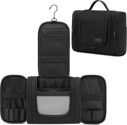 حقيبة أدوات الزينة المعلقة للسفر للرجال والنساء مع خطاف دوار معدني، منظم مكياج كبير للسفر لمستحضرات التجميل وأدوات الزينة كاملة الحجم، حقائب أدوات الزينة للحمام مقاومة للماء، أسود in Kuwait