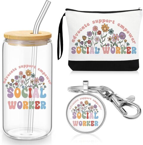Kacctyen Social Worker Gift for Women, Social Work Month Gifts Appreciation Makeup Bag with Keychain 17 oz Glass Thank You Cup with Lid and Straw Set in Kuwait