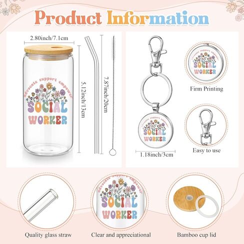 Kacctyen Social Worker Gift for Women, Social Work Month Gifts Appreciation Makeup Bag with Keychain 17 oz Glass Thank You Cup with Lid and Straw Set in Kuwait