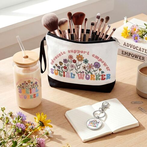 Kacctyen Social Worker Gift for Women, Social Work Month Gifts Appreciation Makeup Bag with Keychain 17 oz Glass Thank You Cup with Lid and Straw Set in Kuwait