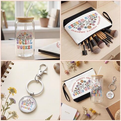 Kacctyen Social Worker Gift for Women, Social Work Month Gifts Appreciation Makeup Bag with Keychain 17 oz Glass Thank You Cup with Lid and Straw Set in Kuwait